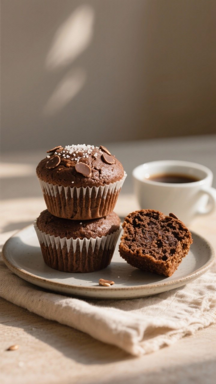 Final presentation shot: Bakery-style buckwheat chocolate muffins stacked on a matte ceramic plate, 