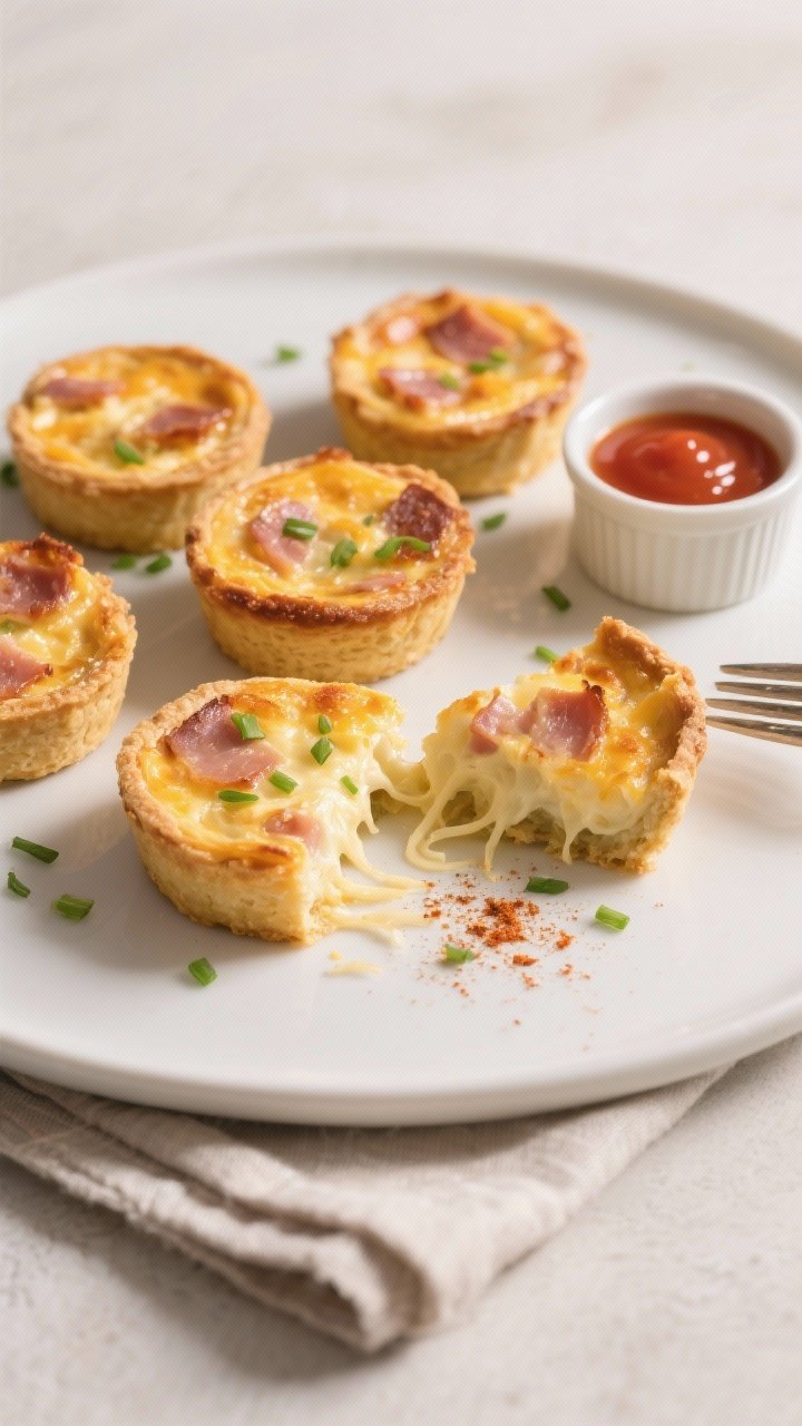 Final presentation shot: beautifully plated crustless mini quiche arranged on a matte white platter,