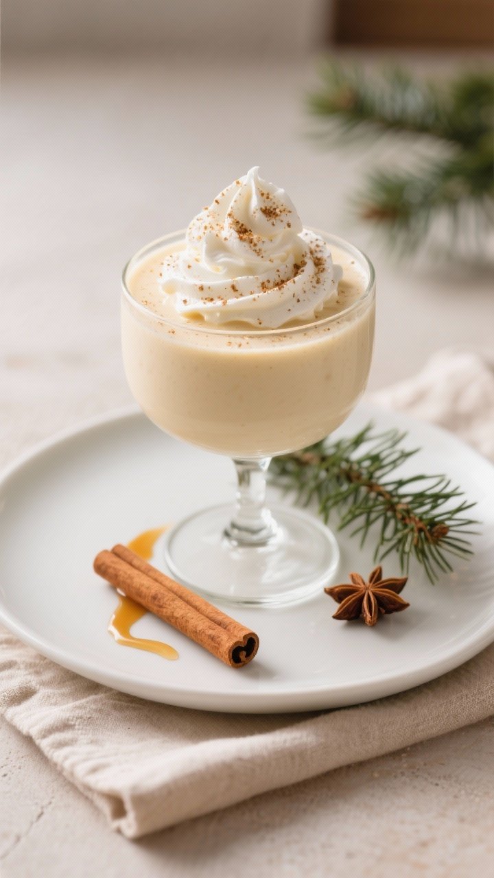 Final presentation shot: beautifully plated eggnog smoothie in a stemmed glass topped with a lofty s