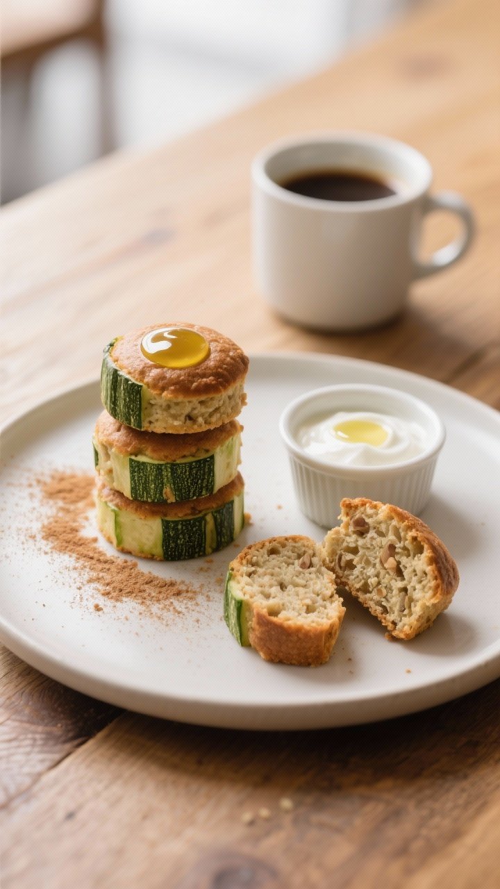 Final presentation shot: Beautifully plated Spelt Zucchini Bread Bites stacked on a matte white plat