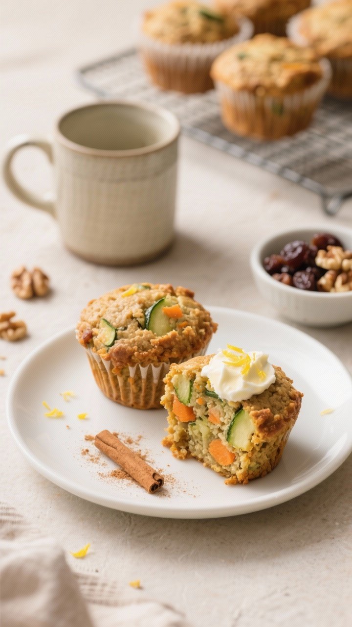 Final presentation shot: Breakfast scene with 2–3 zucchini & carrot muffins on a simple white plat