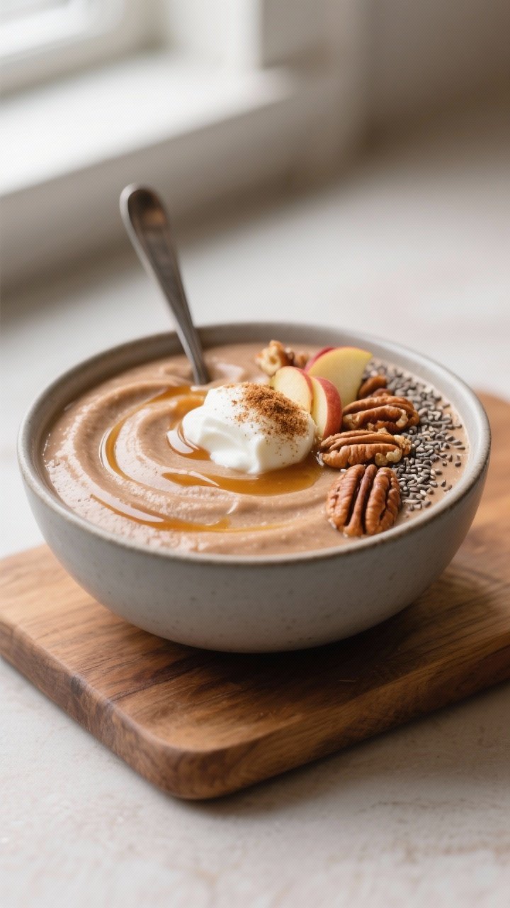 Final presentation shot of a thick Apple Pie Smoothie bowl (warm smoothie bowl variation), blended e