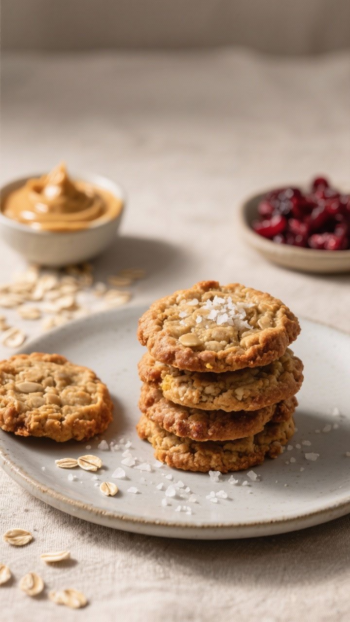 Final presentation shot: Restaurant-quality plated stack of sunflower butter oatmeal cookies on a ma