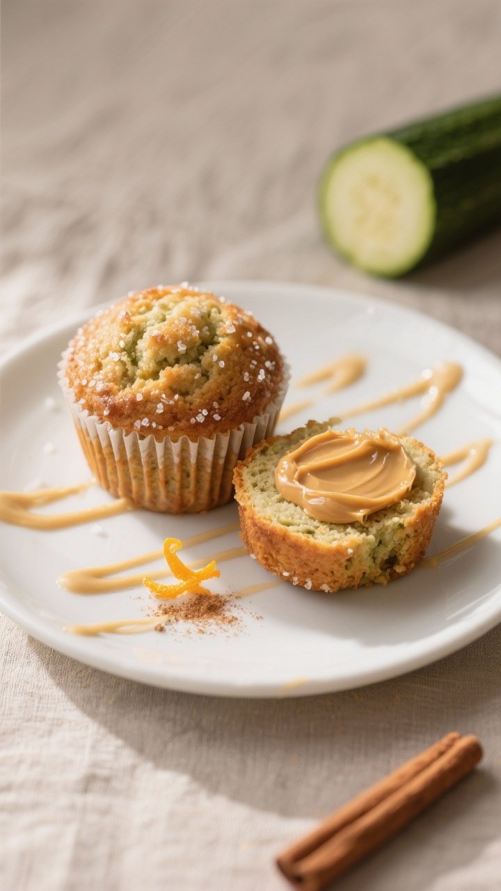 Final presentation shot: Restaurant-quality plating of two Wowbutter zucchini muffins on a white cer