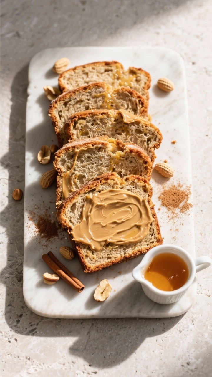 Final presentation top view: Tasty top-down scene of a breakfast board with several thick slices of 