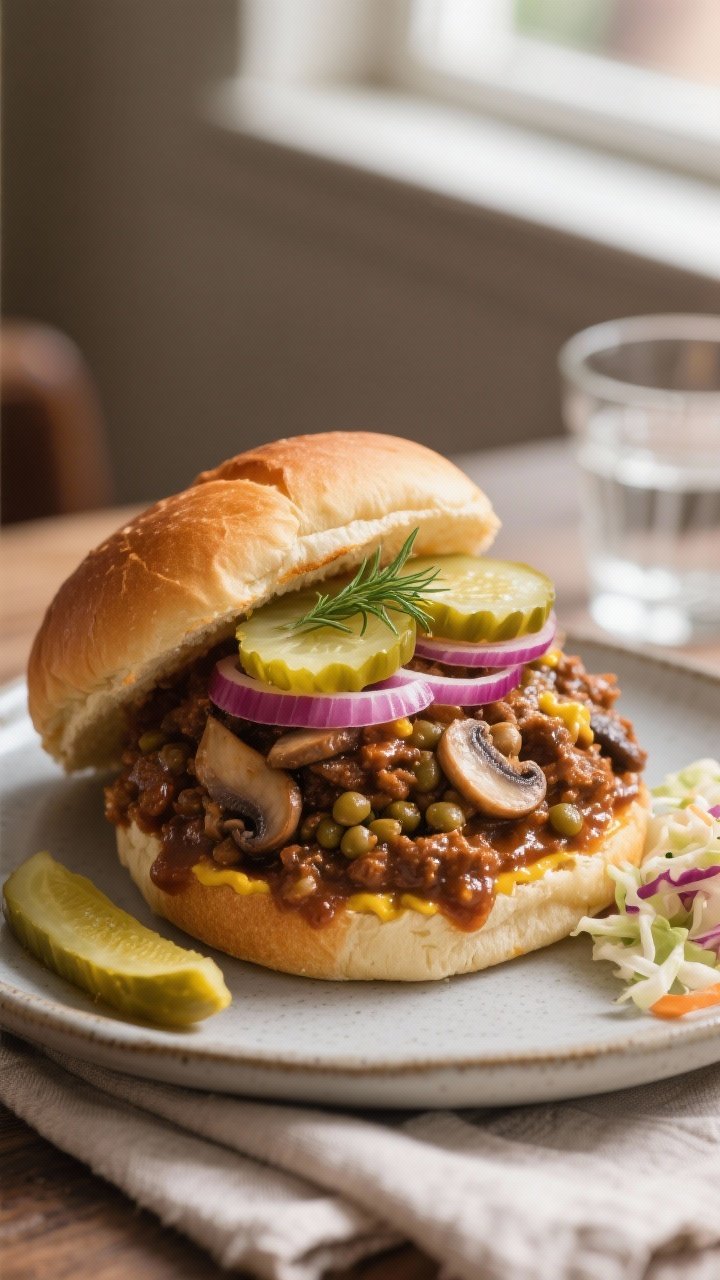Final sandwich presentation: A hearty Mushroom-Lentil Sloppy Joe piled high on a toasted, lightly cr