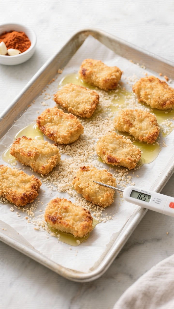 Overhead cooking process: Top-down shot of formed nuggets mid-bake on a parchment-lined sheet pan at