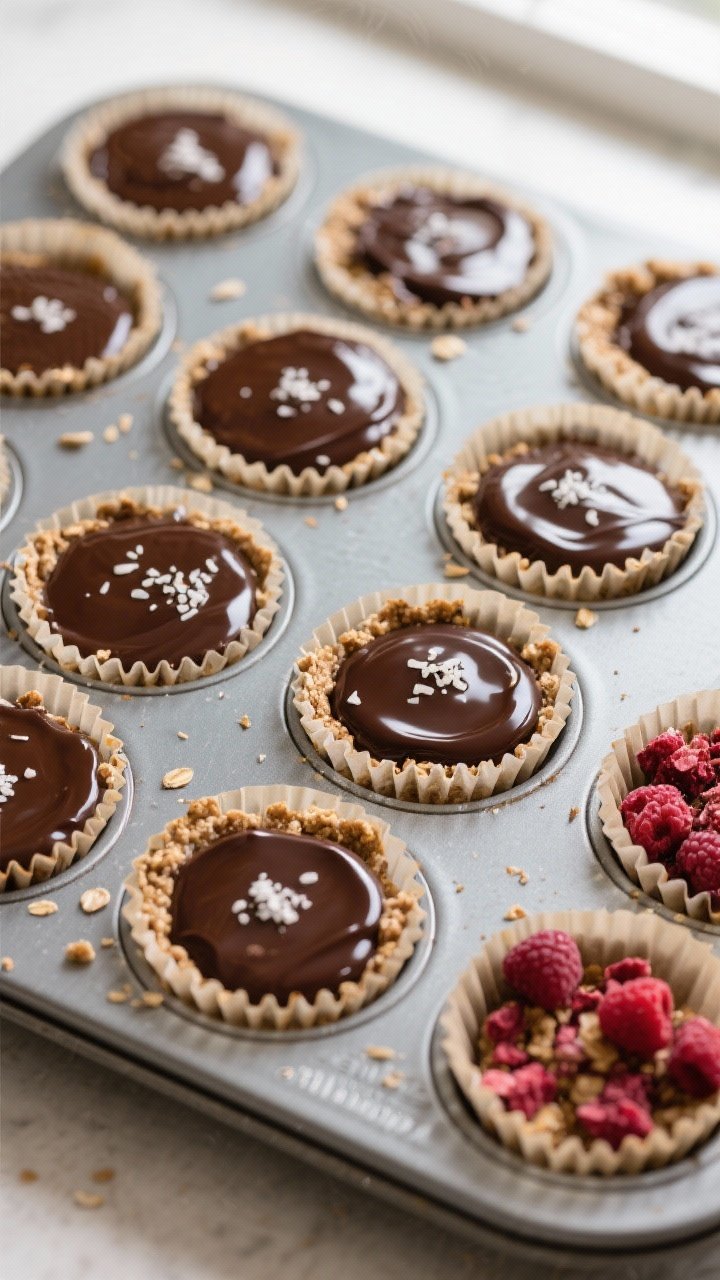Overhead “fill and top” stage: A 12-cup muffin tin lined with papers, each cavity firmly packed