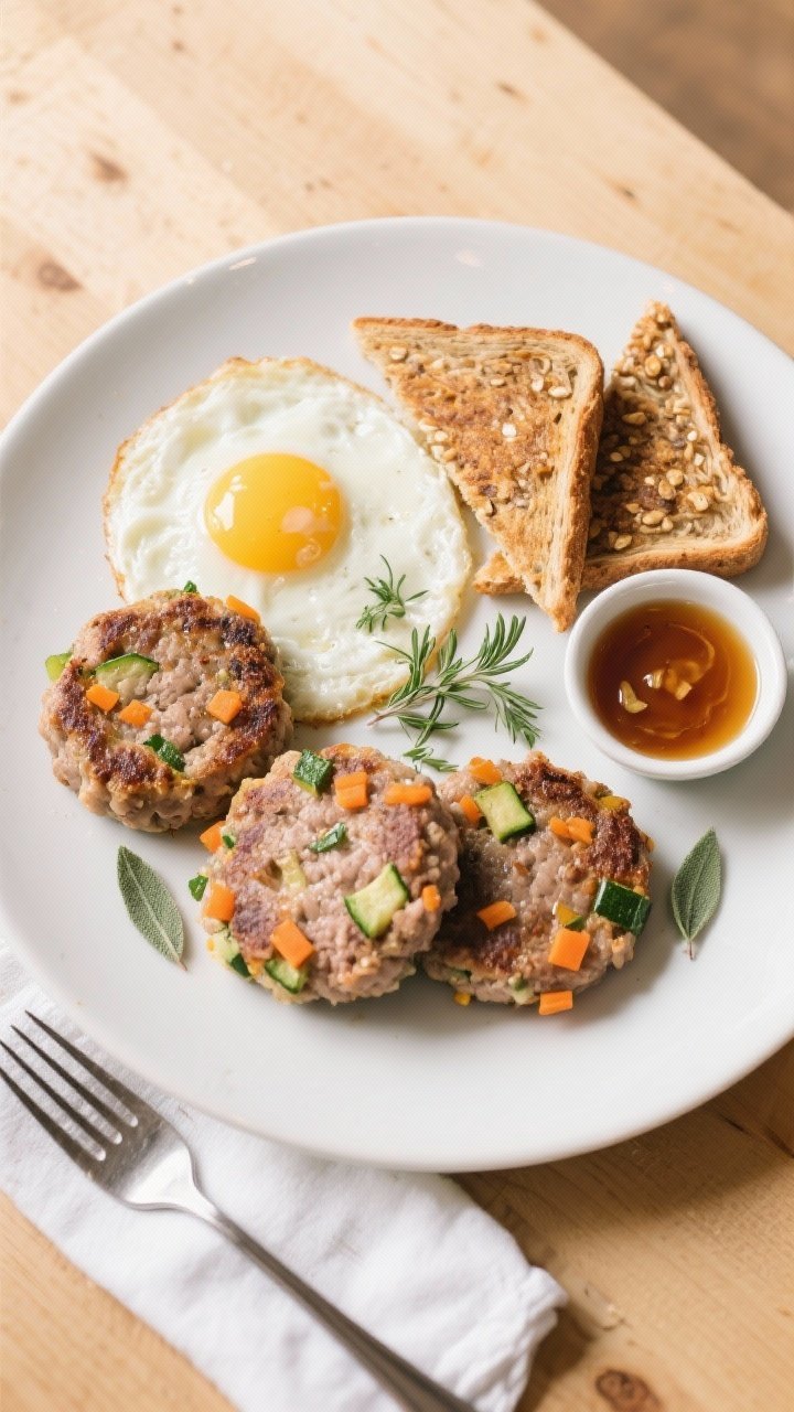 Overhead final plated shot: of a breakfast plate with three turkey & veggie sausage patties, sunny-s