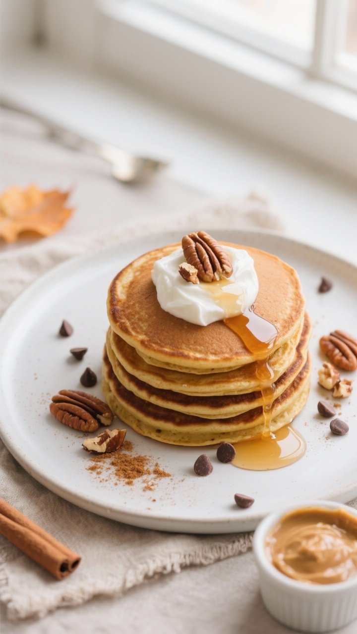 Overhead final presentation: Neatly stacked pumpkin protein pancakes on a matte white plate, topped