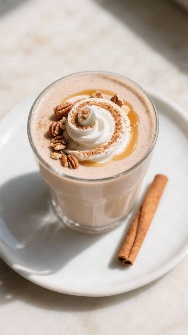 Overhead final presentation of the Cinnamon Roll Smoothie, showing a perfect spiral of whipped cream