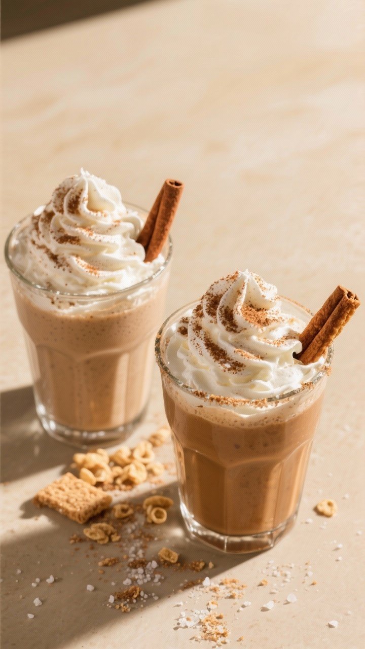 Overhead final presentation: of two finished Churro Smoothies in clear tumblers, crowned with a tall