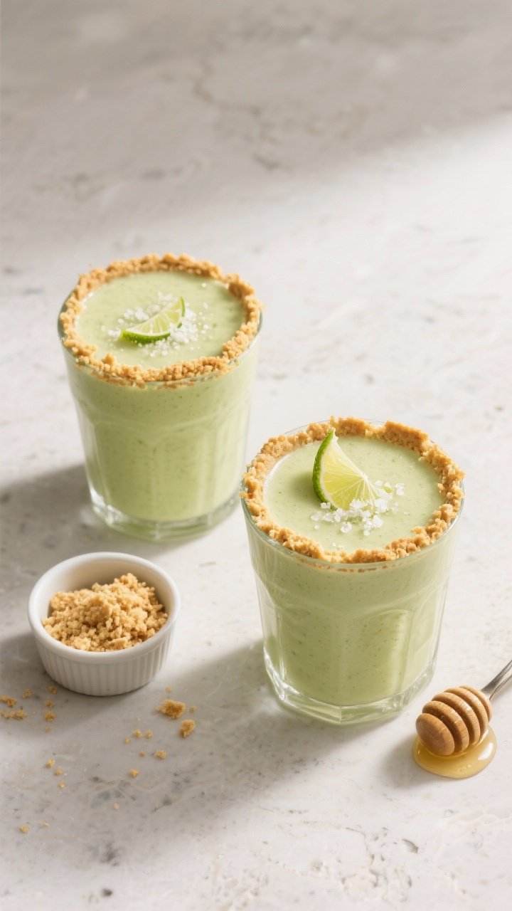 Overhead final presentation: of two glasses of the finished smoothie on a light stone surface, each 