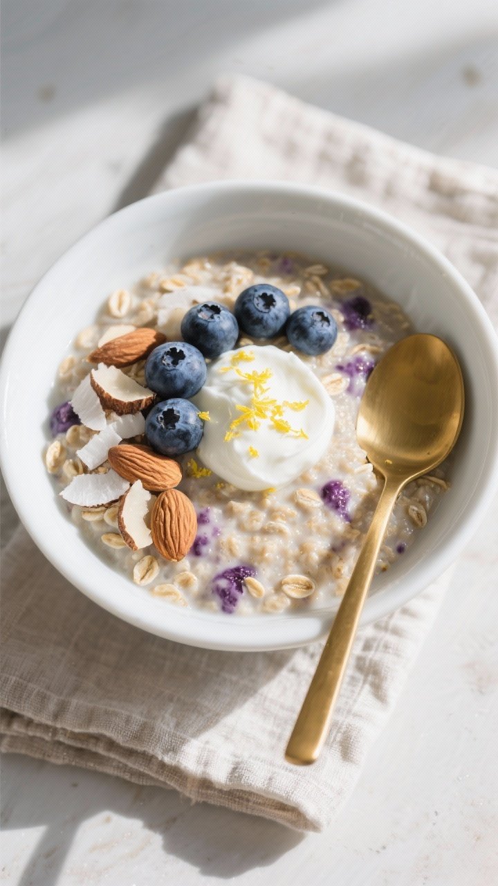 Overhead vanilla blueberry overnight oats
