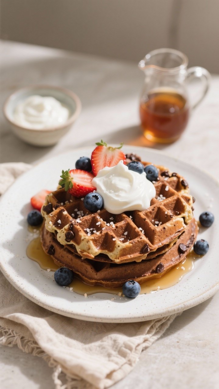 Overhead final presentation: stacked chocolate chip protein waffles on a white stoneware plate, topp