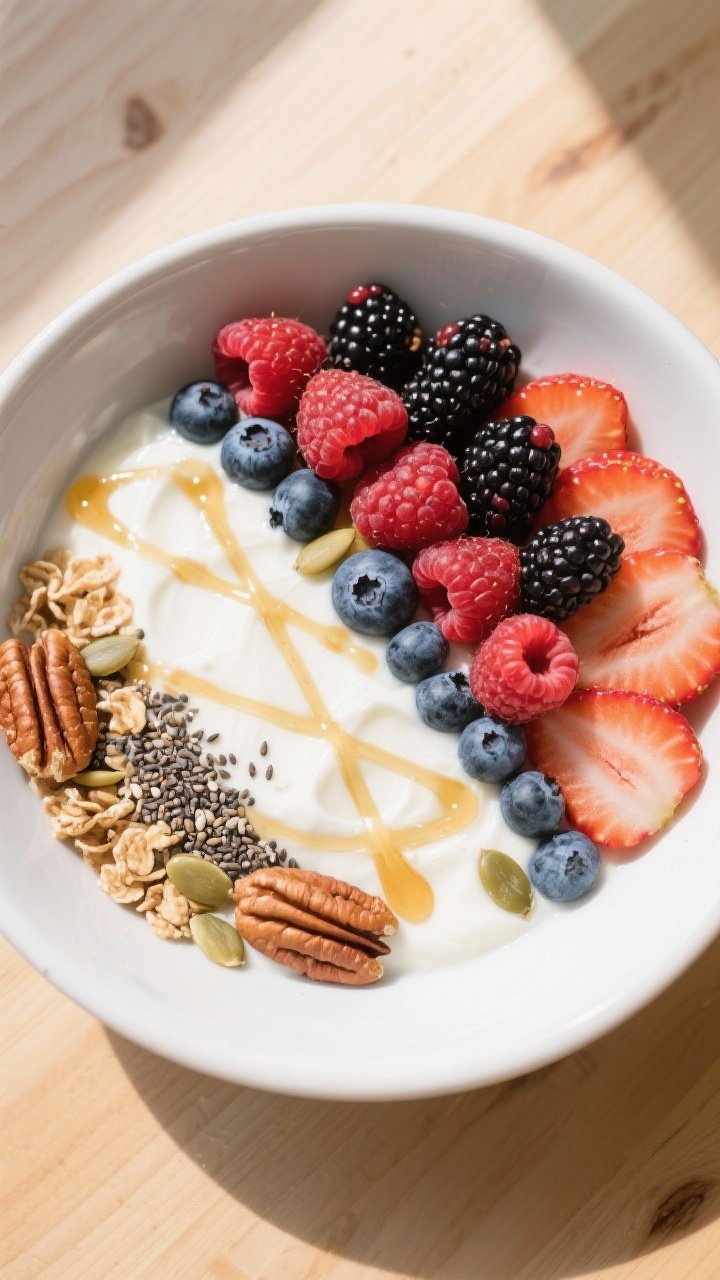 Overhead final presentation: Tasty of a Greek Yogurt Power Bowl arranged in color blocks—tangy pla