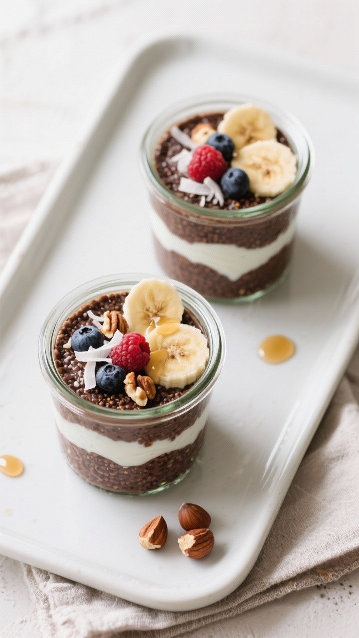 Overhead final presentation: Two breakfast jars of chocolate chia pudding layered neatly with Greek 