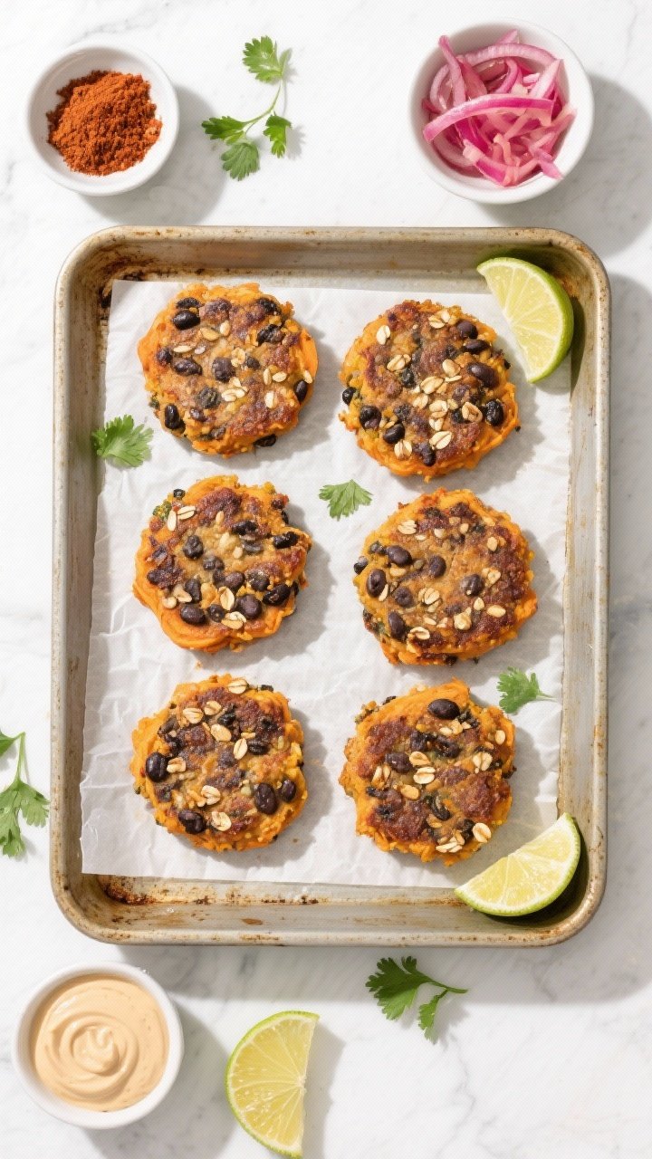 Overhead, meal-prep/top view: Tasty top-down shot of six evenly formed, cooked sweet potato black be