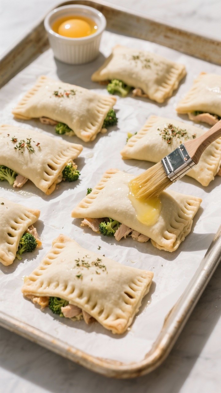 Overhead process shot of assembled Chicken & Broccoli Pockets on a parchment-lined sheet pan right b