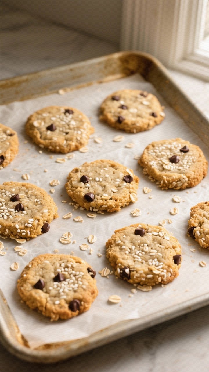 Overhead shot of freshly baked Quinoa Breakfast Cookies cooling on a parchment-lined sheet pan, even
