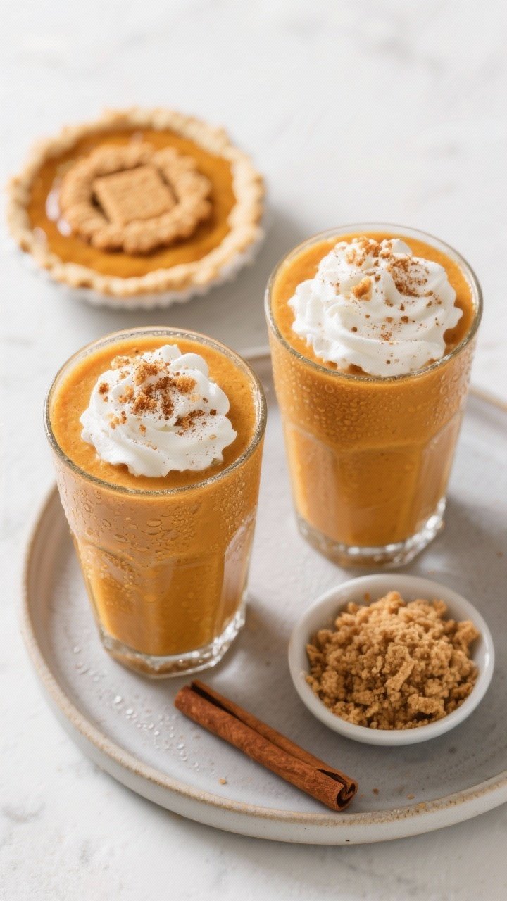 Overhead shot of the final Pumpkin Pie Smoothie served as a dessert-style presentation: two glasses