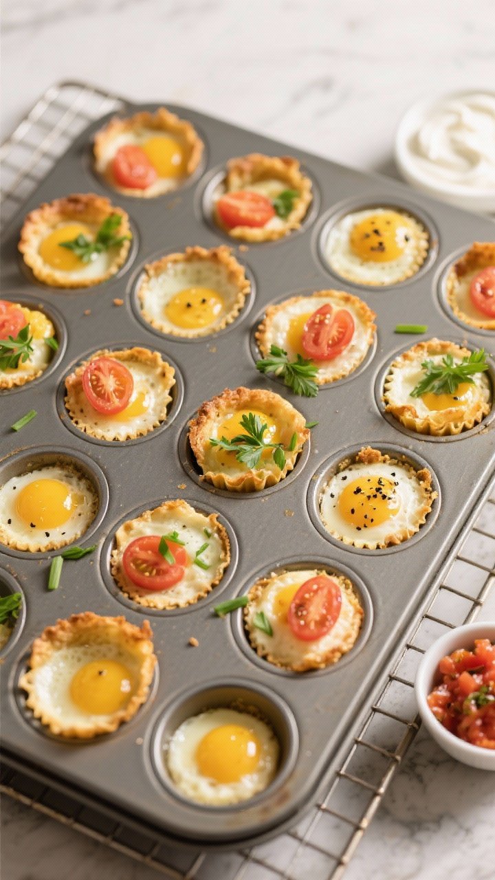 Overhead “tasty top view”: A 12-cup muffin tin on a cooling rack with evenly set, 3/4-full baked