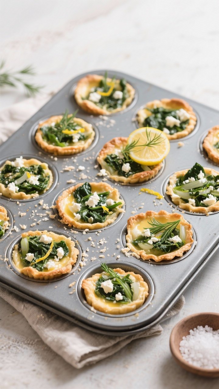 Overhead “tasty top view”: A 12-cup muffin tin filled with baked mini quiches, each cup 3/4 full