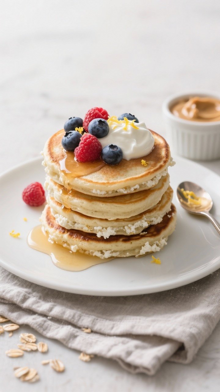 Overhead tasty top view: A neat stack of small, fluffy cottage cheese protein pancakes (8–10 cm ea