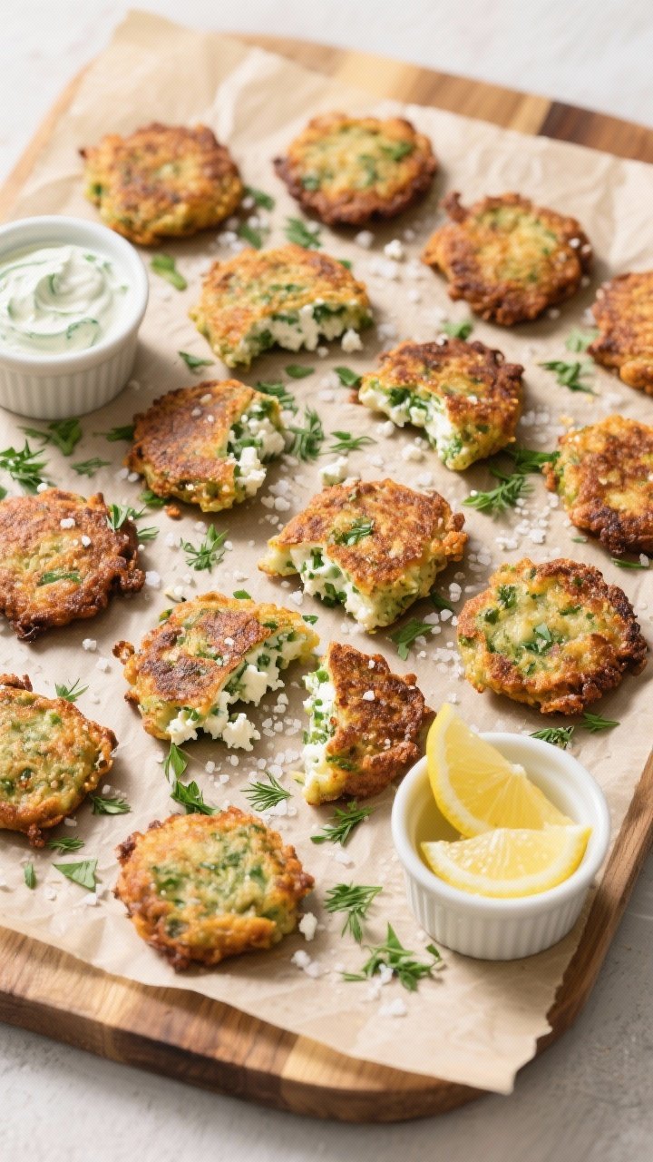 Overhead “tasty top view”: A parchment-lined board with an array of evenly browned fritters arra