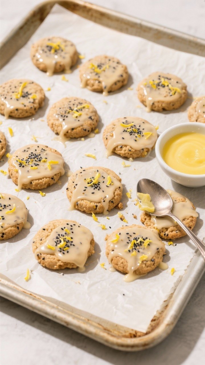 Overhead tasty top view: a parchment-lined baking sheet of just-glazed sorghum lemon poppy cookies, 
