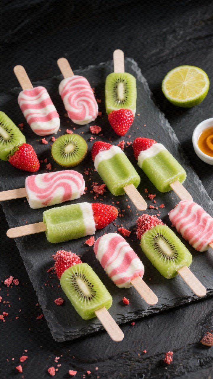 Overhead tasty top view: A set of 8–10 Kiwi Strawberry Yogurt Pops arranged neatly on a chilled sl