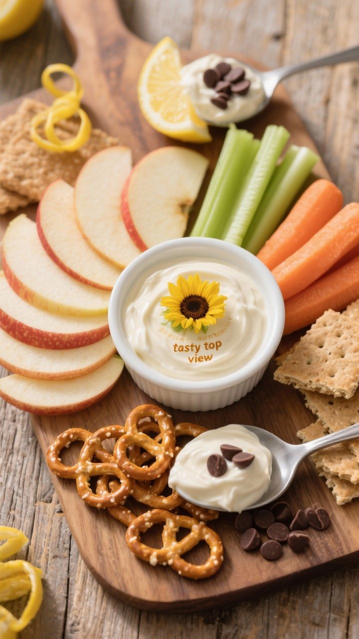 Overhead “tasty top view”: A snack board featuring the finished sunflower butter yogurt dip cent