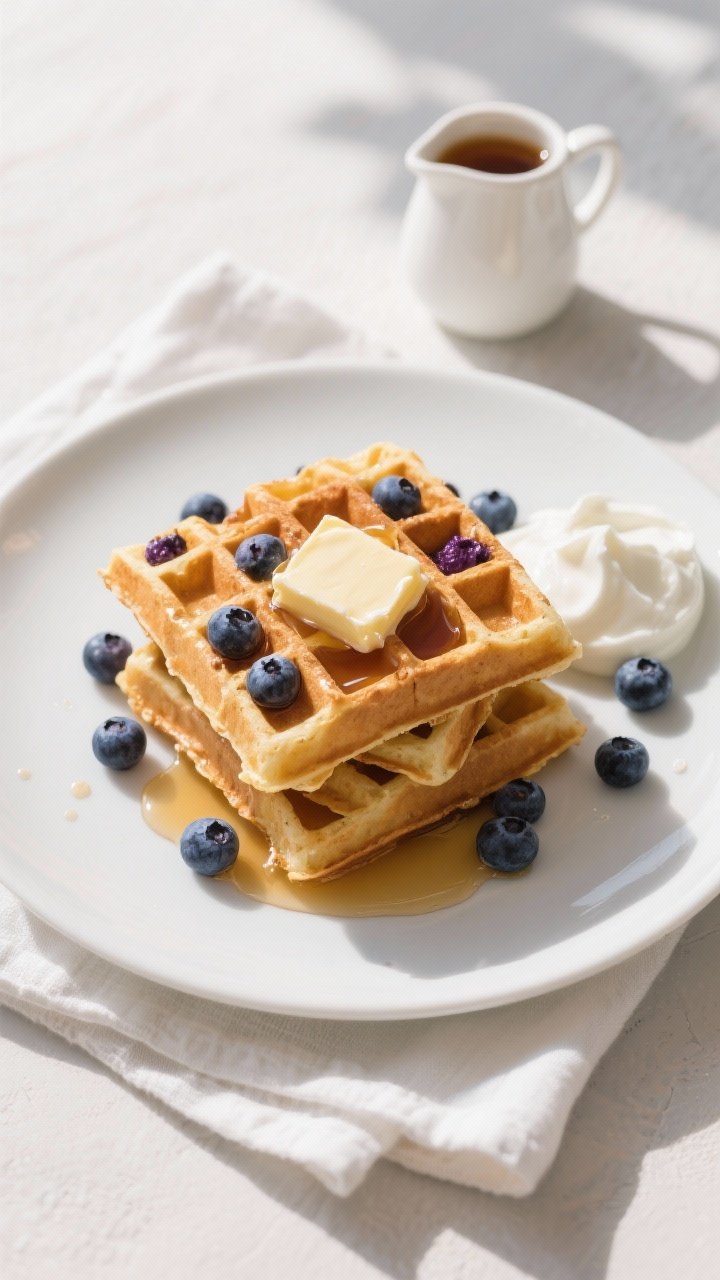 Overhead “tasty top view”: A stack of blueberry protein waffles on a matte white plate, topped w