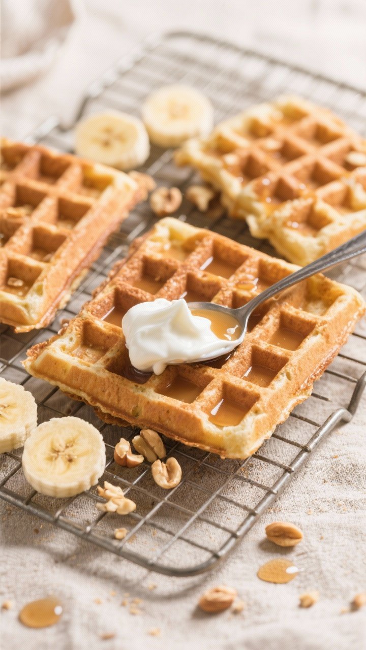 Overhead tasty top view: A wire rack holding freshly cooked peanut butter energy waffles staying cri