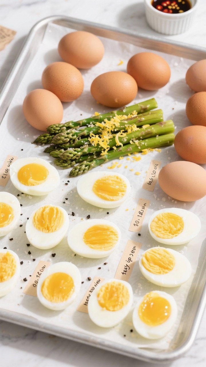 Overhead “tasty top view” batch prep: Top-down shot of a dozen perfectly cooked eggs at three do