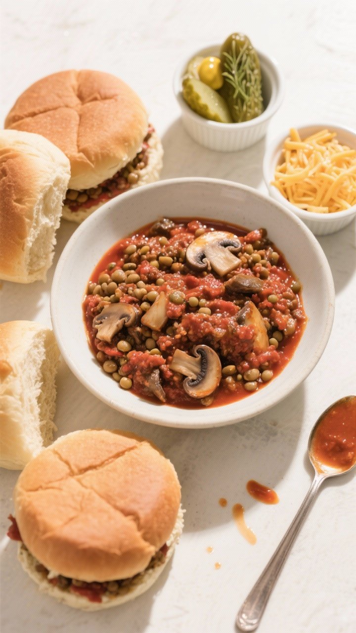 Overhead “tasty top view”: Build-your-own Sloppy Joe scene with a shallow bowl of finished mushr
