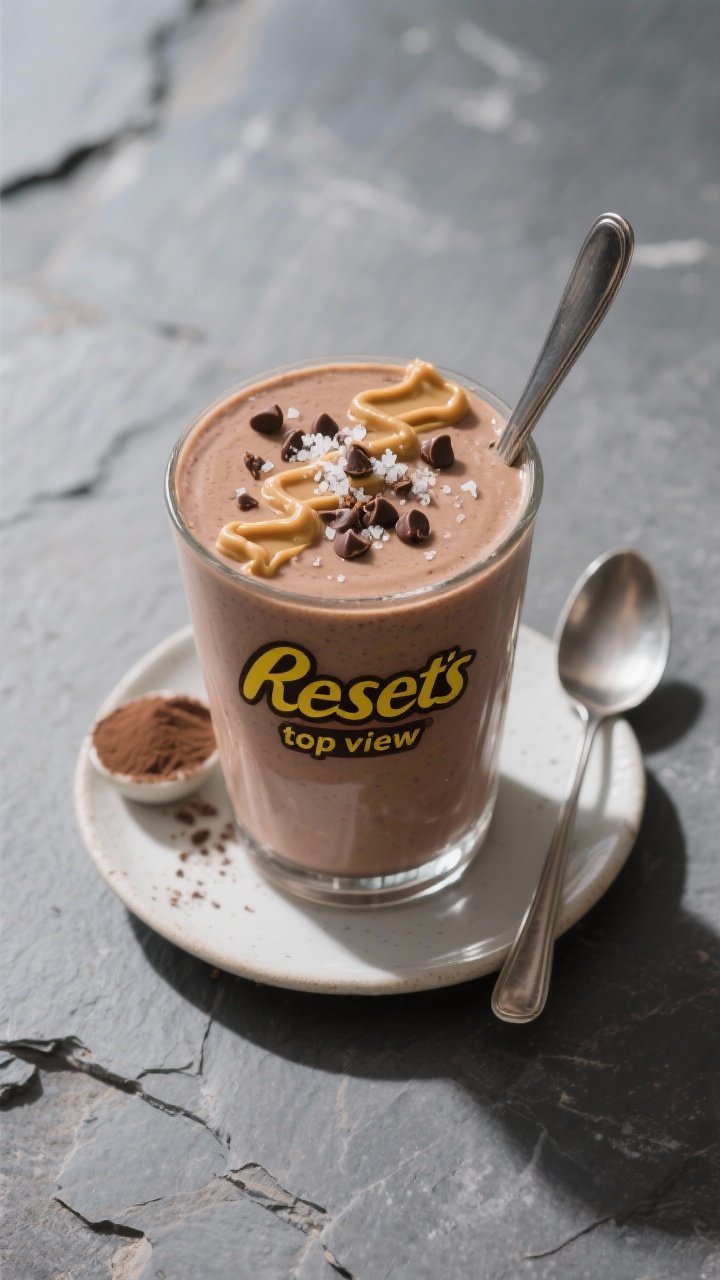 Overhead “tasty top view”: Final Reese’s Smoothie served thick and spoonable in a short wide t