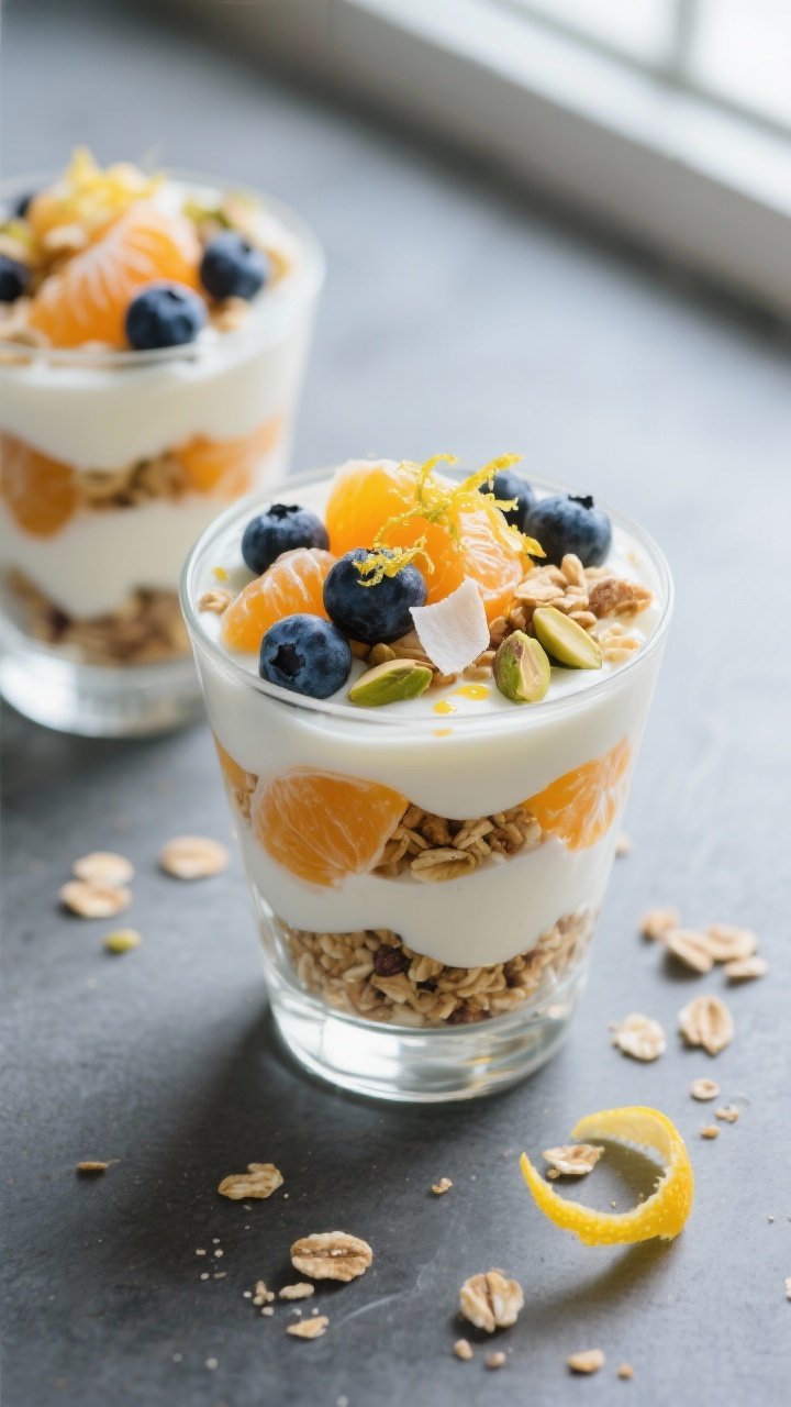 Overhead “tasty top view”: Final Yuzu Yogurt Parfait in a clear tumbler showing distinct, tidy l