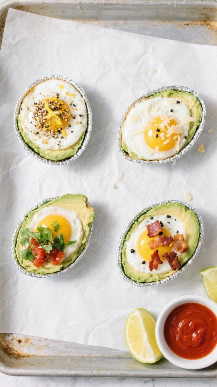 Overhead tasty top view: Four avocado-and-egg halves just out of the oven on a parchment-lined bakin
