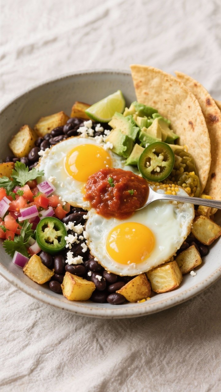 Overhead tasty top view: Fully assembled Mexican-style breakfast bowl with a base of golden diced po