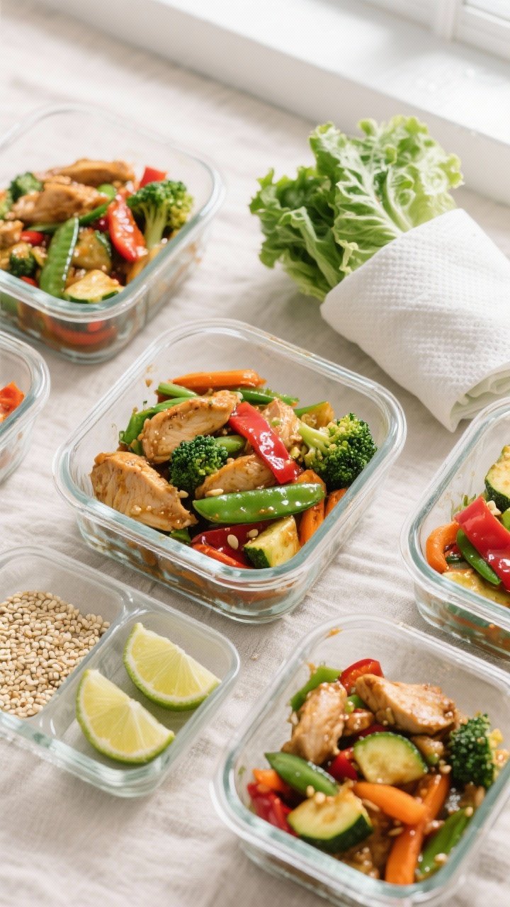 Overhead tasty top view: Meal-prep spread showing the stir-fry portioned into glass containers with 