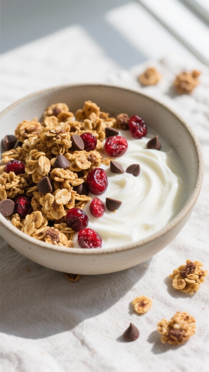 Overhead “tasty top view” of a yogurt bowl topped generously with sunflower butter granola clust