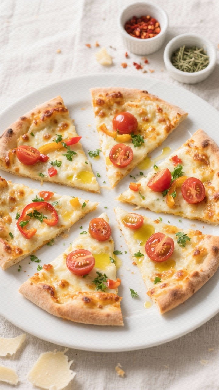 Overhead “tasty top view” of four finished breakfast pizza halves on a matte white platter: even