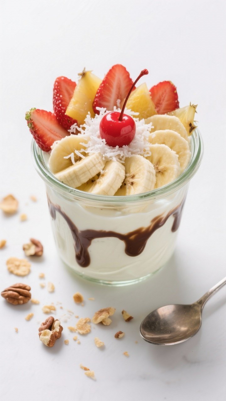 Overhead “tasty top view” of the final Banana Split Yogurt Cup: glass jar filled with thick yogu