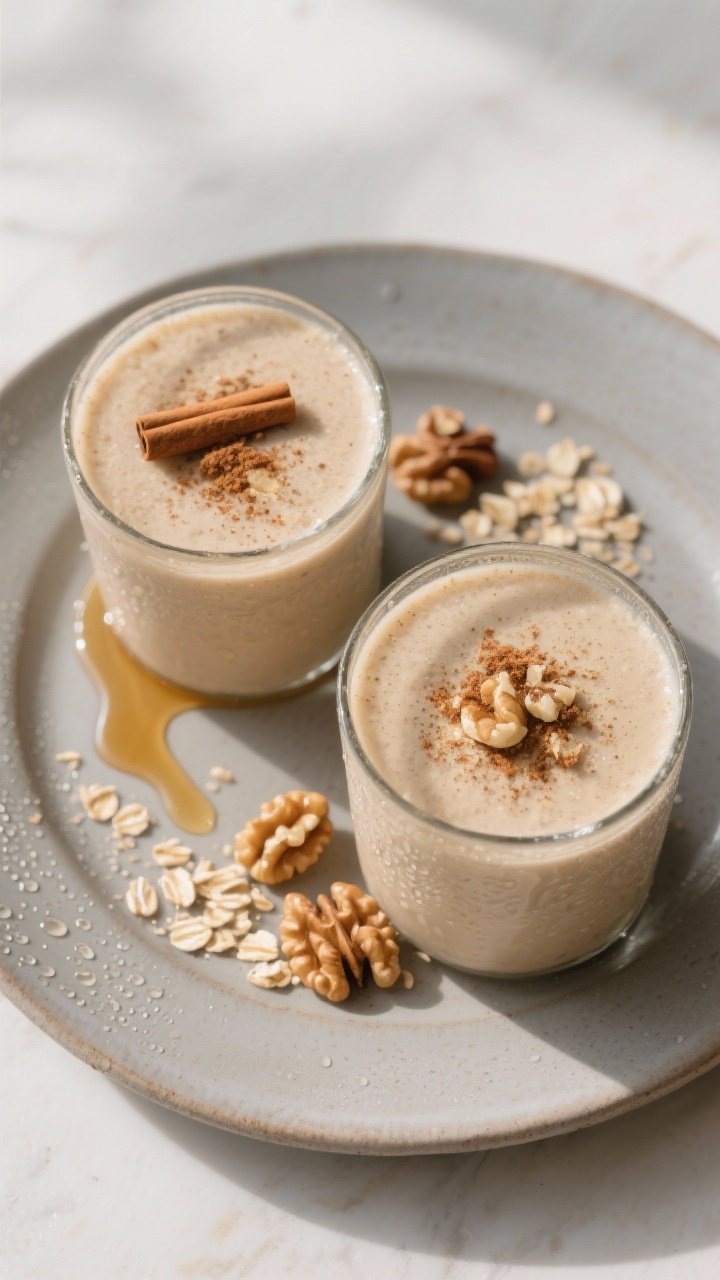 Overhead “tasty top view” of the final Banana Bread Smoothie served in two glasses on a matte ce