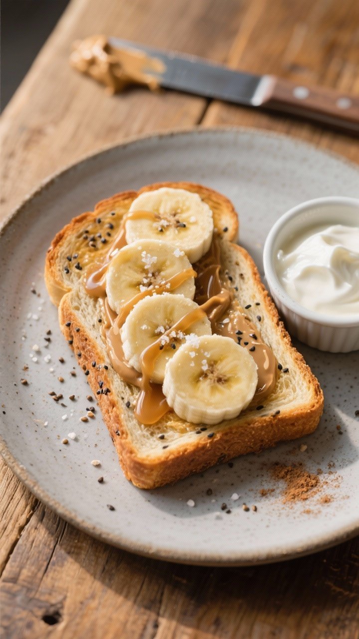 Overhead “tasty top view” of the final plated Peanut Butter Banana Toast with chia: one slice on