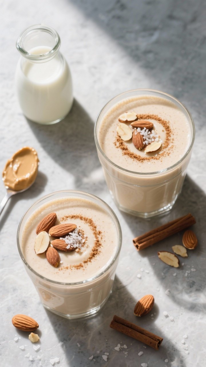 Overhead “tasty top view” of the final Vanilla Almond Smoothie served in two glasses on a cool-t