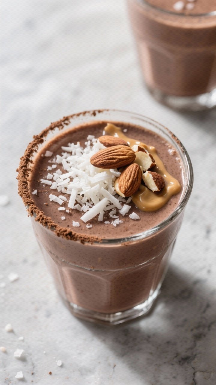 Overhead “tasty top view” of the finished Almond Joy Smoothie in a clear glass, topped generousl