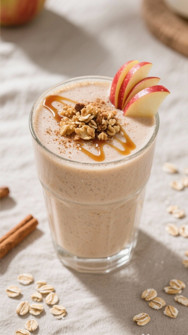 Overhead “tasty top view” of the finished Apple Pie Smoothie in a wide tumbler, topped with a de