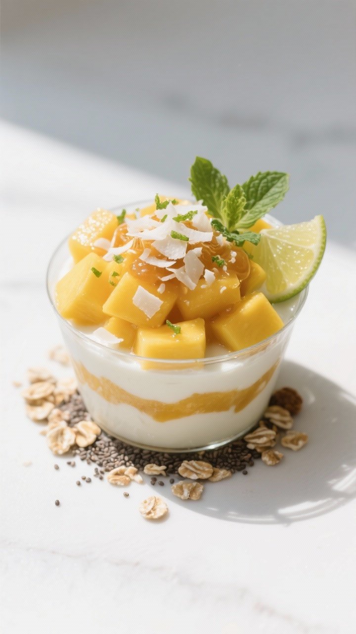 Overhead “tasty top view” of the finished Mango Coconut Yogurt Cup, fully garnished: mango piled